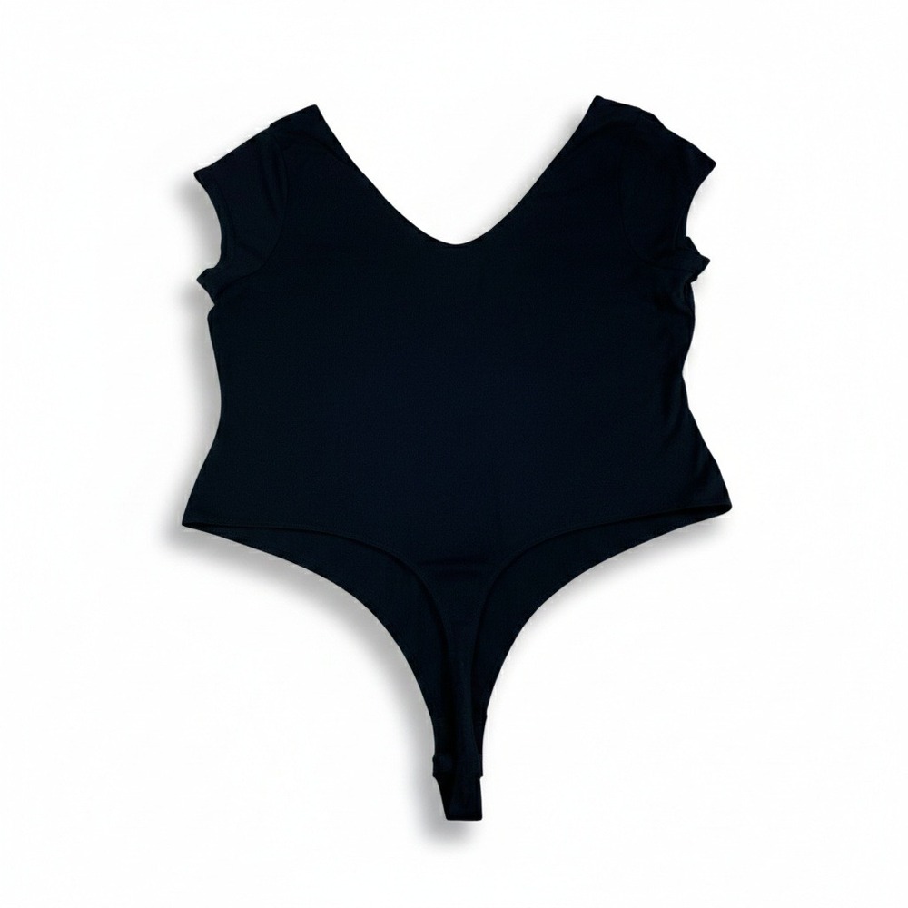 Universal Thread Black Ribbed V-Neck Short Sleeve Bodysuit XL Thong Snap Closure - Picture 2 of 6